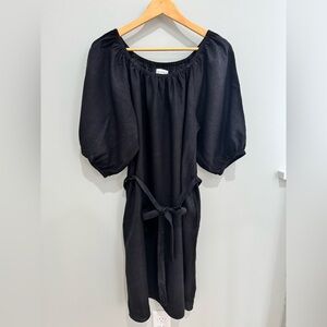 Velvet Linen Black Dress with Tie Waist